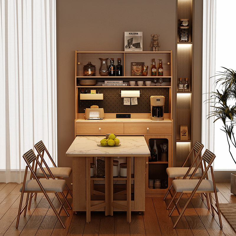 北欧风餐柜岩板摺叠餐桌家用小户型多功能可伸缩移动长方形桌子