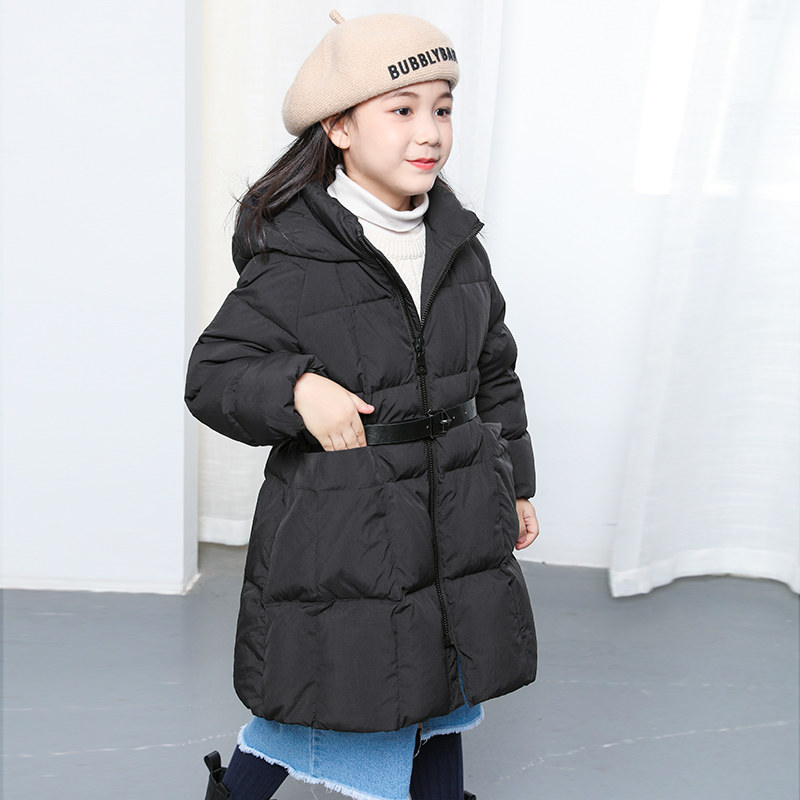 康衣儿女童羽绒服中长版加厚2023冬季新款修身中大童装外套送腰带