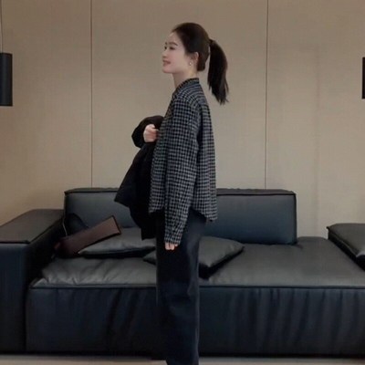 港味复古磨毛加厚格子衬衫女秋冬2024新款长袖内搭叠穿打底衫上衣