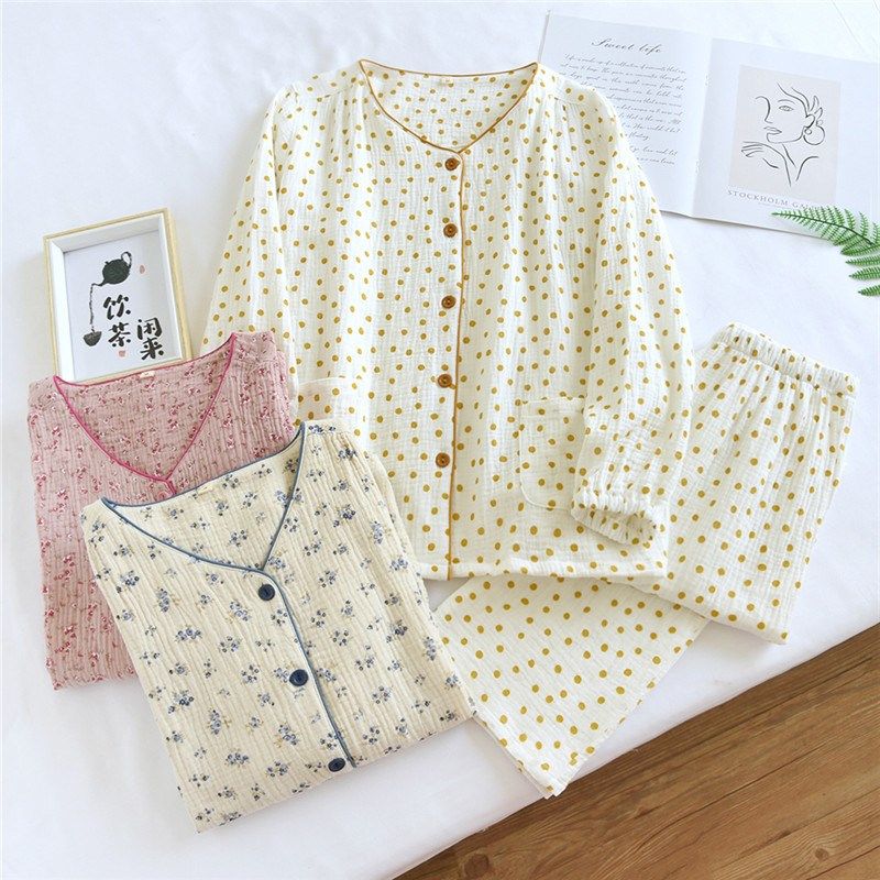 春秋纯棉纱布睡衣女夏季薄款长袖长裤棉纱大码双层绉布家居服套装,女士内衣/男士内衣/家居服,睡衣/家居服套装,淘宝优惠券,粉丝福利购,淘宝优惠卷