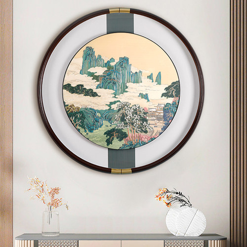 入户玄关装饰画圆形铜雕画led灯带九鱼图新中式过道走廊挂画高档