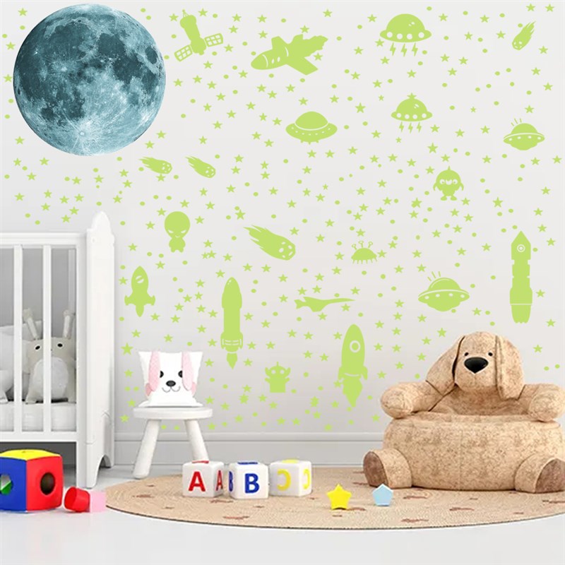 夜光外星飞船荧光墙贴儿童房间墙面装饰自粘创意卡通发光月球贴纸