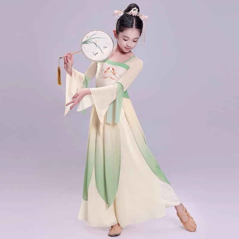 儿童古典舞蹈服纱衣长裙女童中国风汉服飘逸民族扇子舞身韵演出服