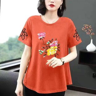 圆领舒适打底衫 妈妈纯棉宽松短袖 遮肚子中老年时尚 新款 t恤女夏季