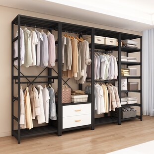 步入式金属衣帽间挂衣架组合双层衣帽架落地卧室置物架开放式衣柜