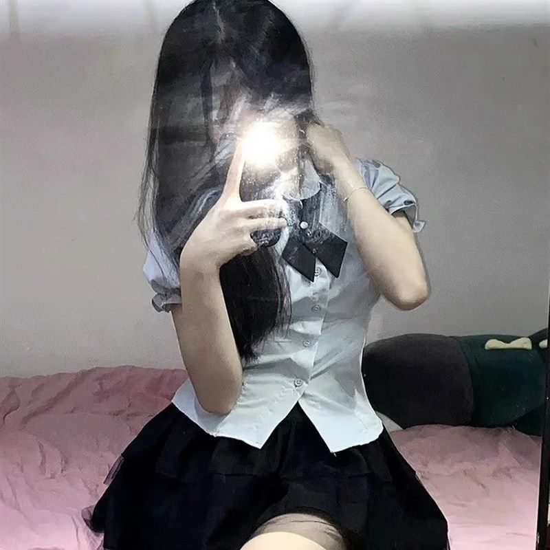 夏季新款jk制服女学院风修身收腰上衣泡泡短袖衬衣半身蓬蓬短裙子