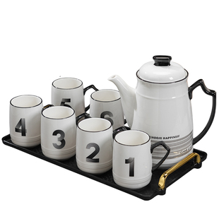 简约数字水杯家用陶瓷套装杯具客厅北欧凉水壶茶壶带托盘杯子一套