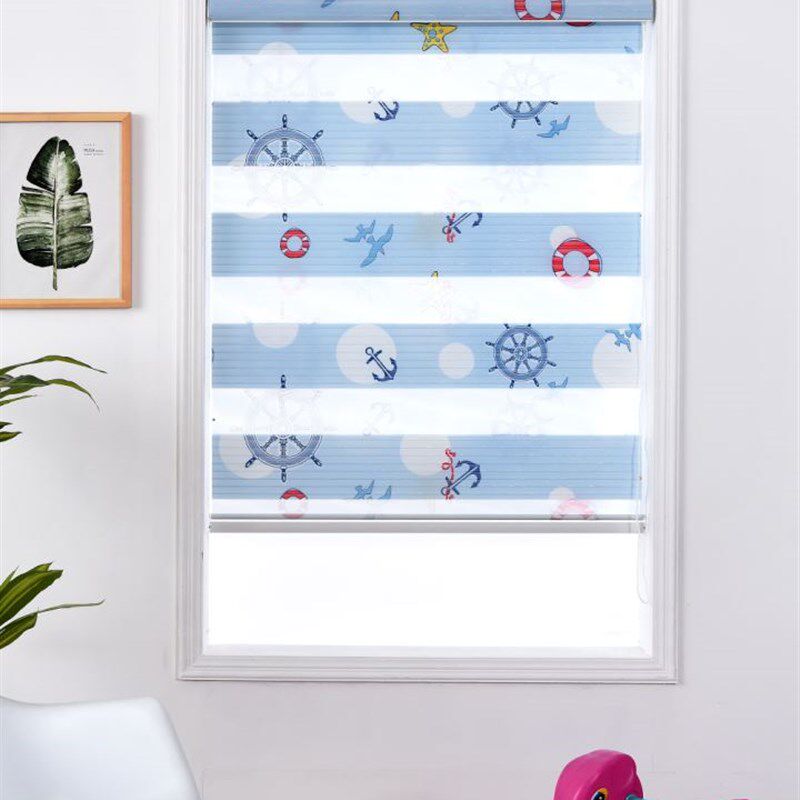 蓝色海洋汽车免打孔儿童男孩房间百叶卷帘窗帘卧室升降遮光柔纱帘