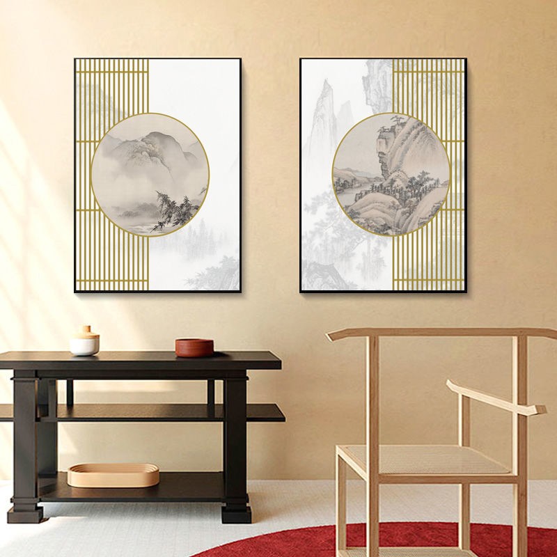 新中式禅意茶室装饰画原木风书房挂画客厅沙发背景墙画两联山水画