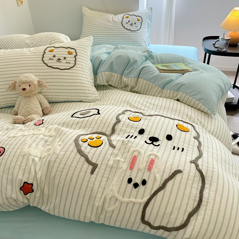卡通毛巾绣四件套非全棉纯棉学生三件套宿舍床品公主风床单床笠款