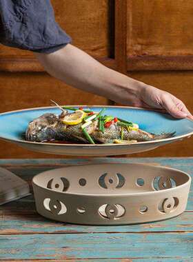 窑变鱼盘子明餐炉椭圆超大蜡烛加保温蒸鱼盘陶瓷中式饭店PCO热厅