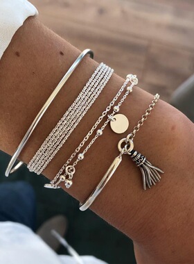 欧美简约银色流苏圆片4件套手链