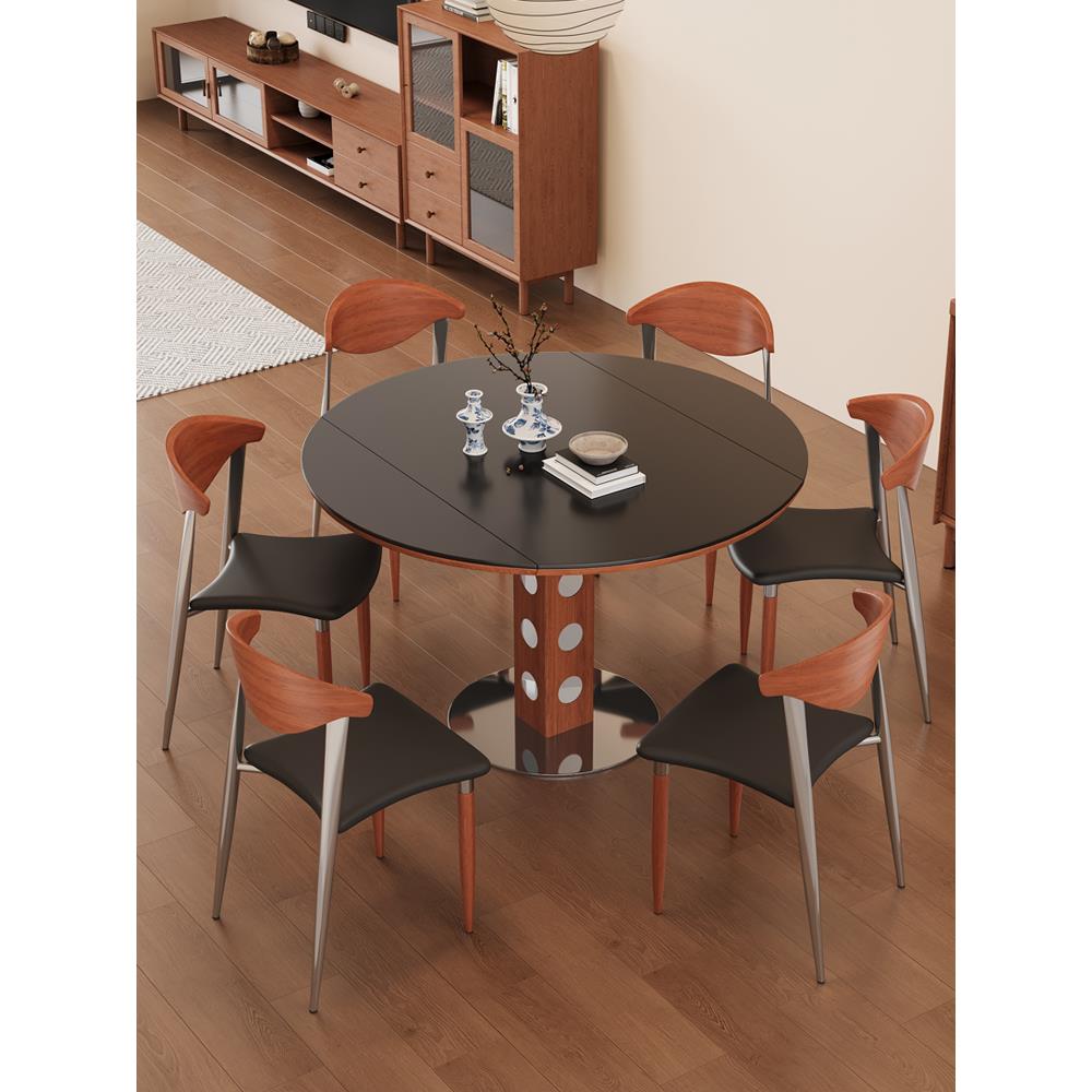 中古风岩板餐桌可伸缩家用小户型实木法式覆古方圆两用可变圆餐桌