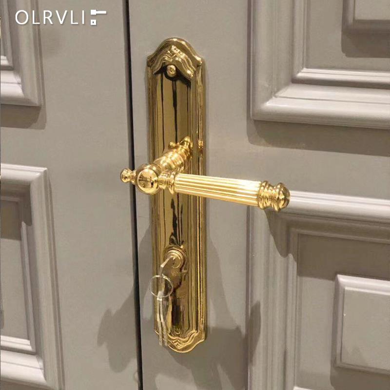 olrvli法式轻奢黄铜金色连体门锁复古古典实木门磁吸双开门门锁