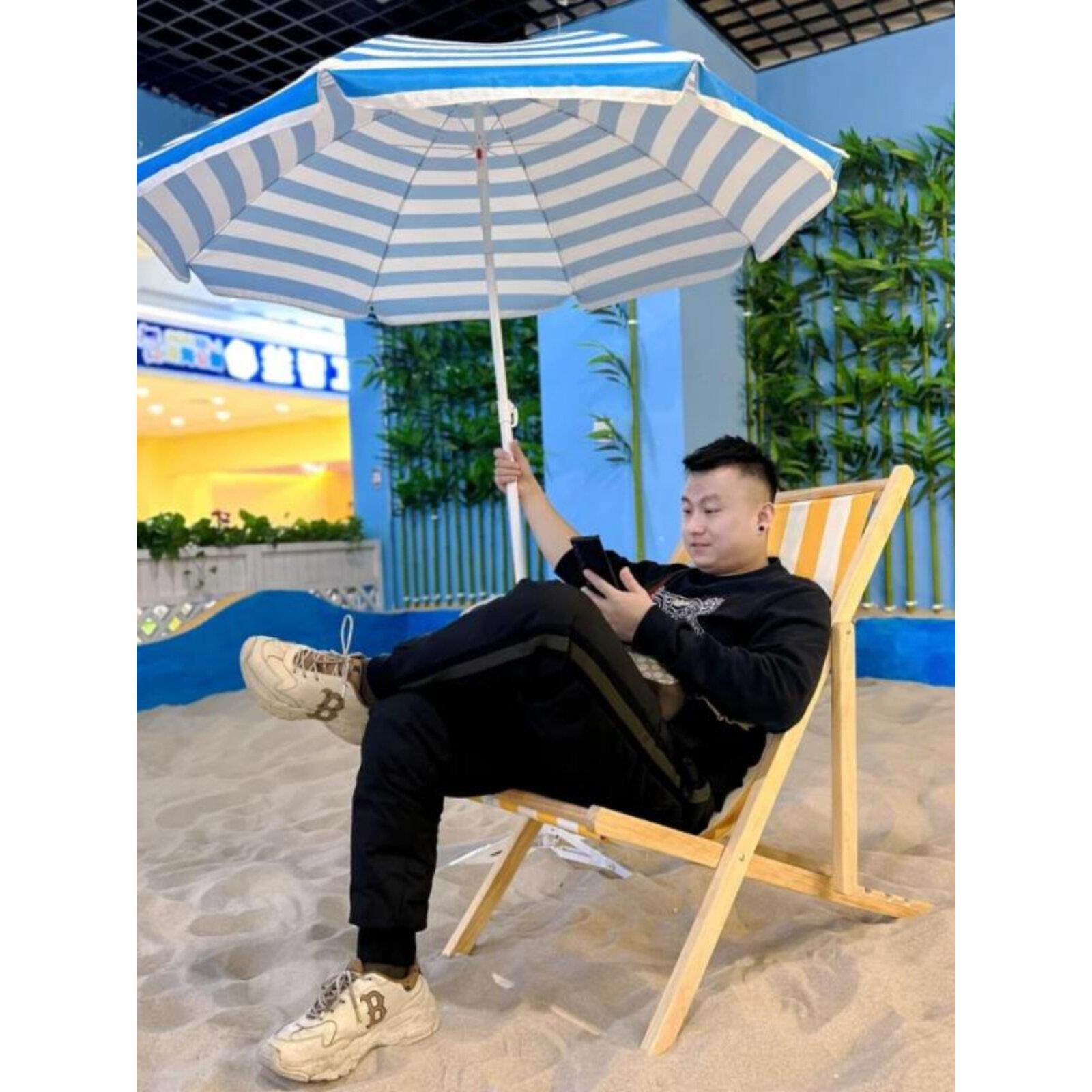 户外露营遮阳伞沙滩钓鱼伞花园庭院蓝白条流苏伞摆摊加厚大帐篷伞