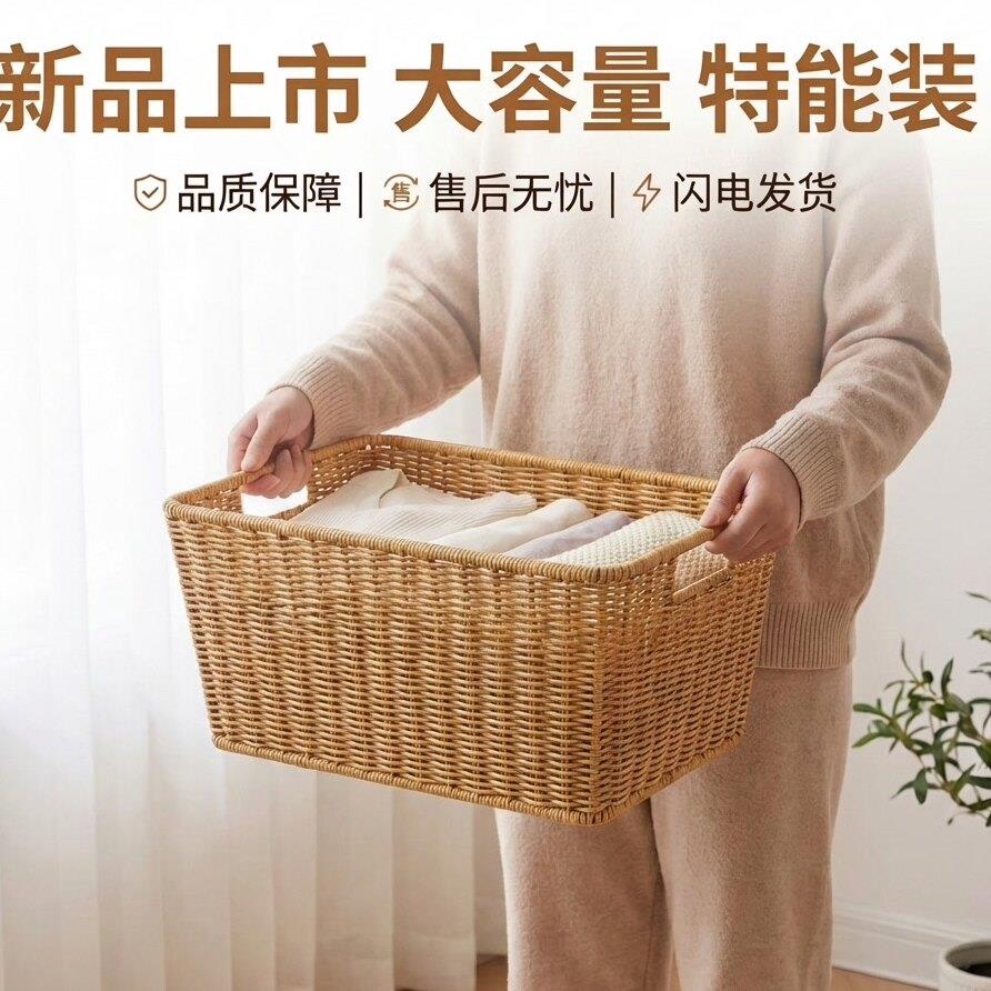 手工藤编收纳篮长方形大容量野餐篮购物篮带盖子储物篮编织家用简