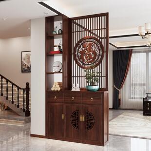 新中式屏风隔断置物架半墙遮挡福字雕刻双面实木玄关柜入户正对门