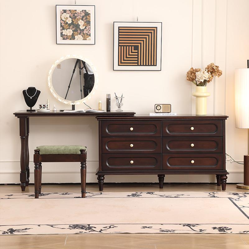 美式实木梳妆台中卧室CYE简约风转角化纳妆桌斗柜古一体靠墙床尾