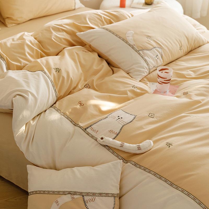 A类母婴全棉绣水PNB上洗棉刺猫咪贴绣纯棉被套床四件布套裸睡四季