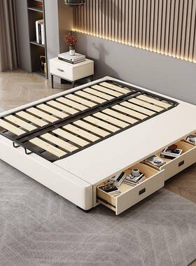 l代w0VWH现小简约型榻榻米带抽屉床实木排骨架气压侧开储物皮艺户