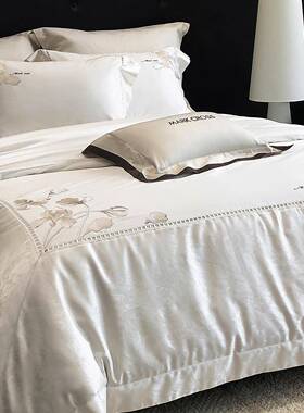 2025新款大角四花提花鸢尾花刺绣拼床上件套贡缎提丝滑ITC裸睡四