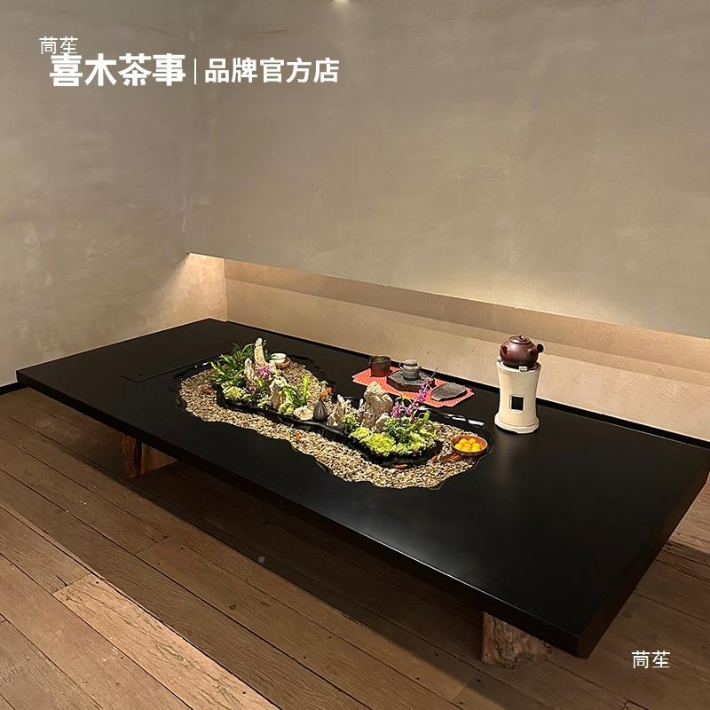 木喜茶事曲水流觞实木新中餐式养WNA鱼流水茶桌茶台色桌黑现代意