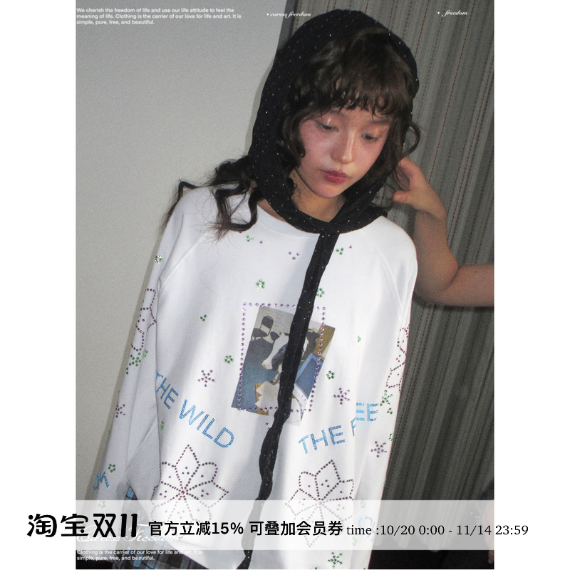 纯棉套头烫钻牛马印花T恤上衣