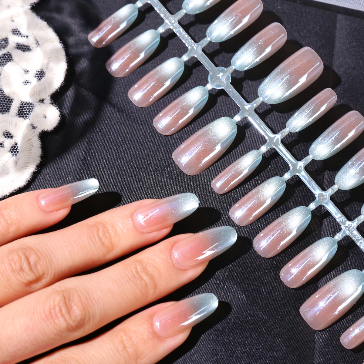 电镀蓝色甲渐变简约猫眼玻璃珠美甲穿戴大气预制甲片成品指甲