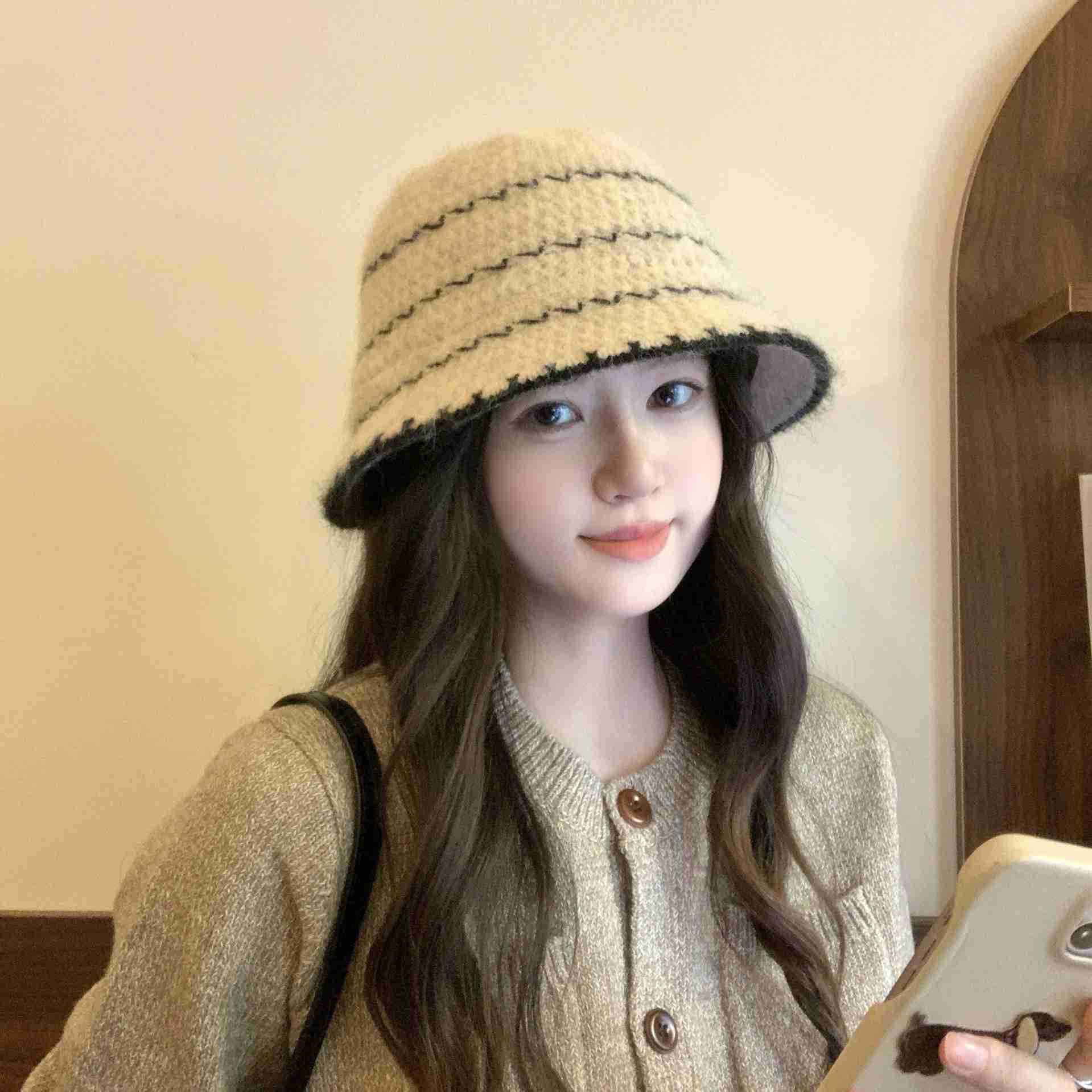 渔夫帽女新款毛绒针织大头围盆帽显脸小保暖冷秋冬季2025帽子加厚