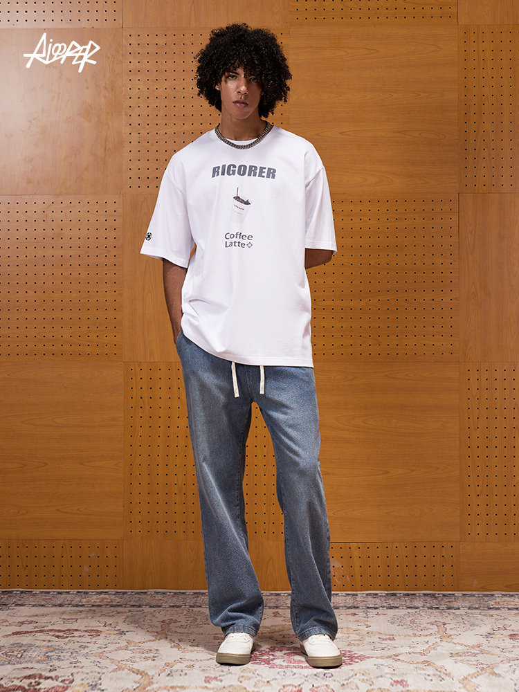 RIGORER 스트레이트 청바지 2024 다목적 통기성 레트로 워시 올드 트렌디 스포츠 바지 루즈한 드로스트링 바지