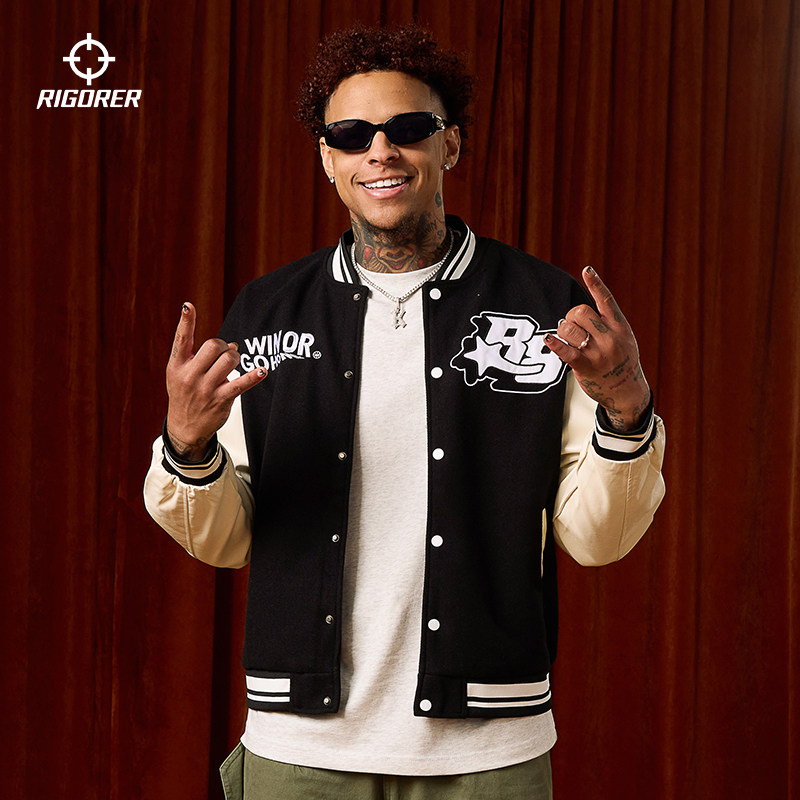 准者棒球服男运动PU皮袖2025冬季新款加厚外套保暖休闲飞行夹克男