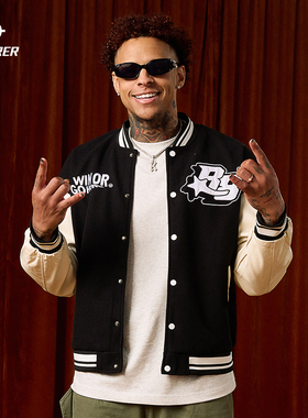 准者棒球服男运动PU皮袖2025冬季新款加厚外套保暖休闲飞行夹克男