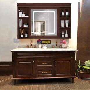 美式橡木浴室柜组合实木陶瓷一体洗脸洗手面盆池双盆洗漱台卫生间