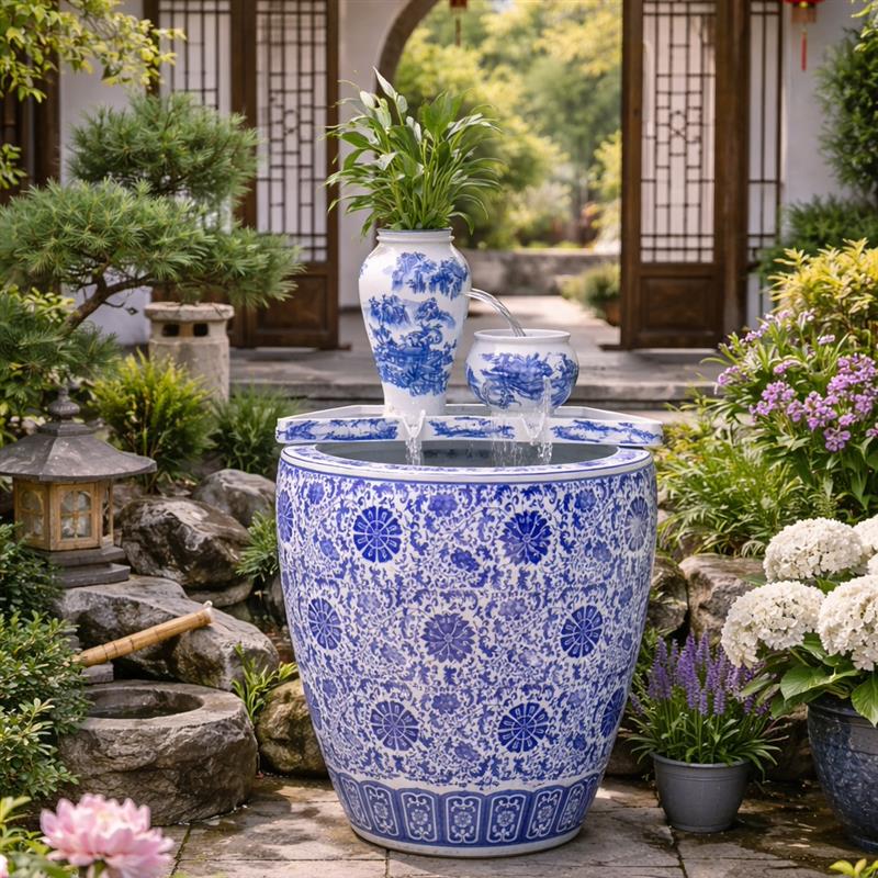 青花瓷水缸生态古法鱼缸客厅阳台金鱼缸瀑布循环流水造景过滤增氧