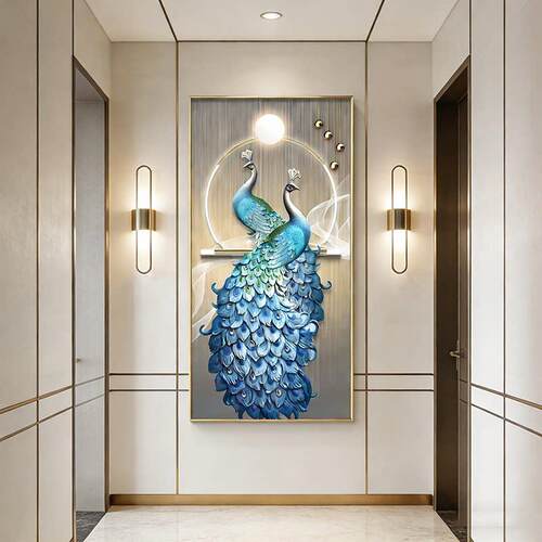 灯光烤瓷镶钻新中式装饰画孔雀玄关挂画定制铝合金边框LED灯画