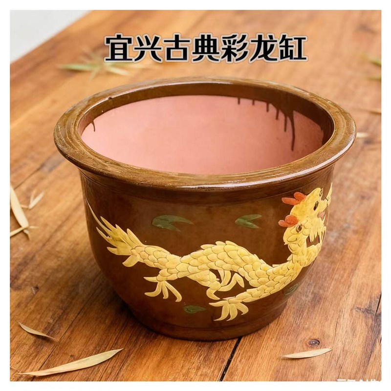 龙缸花盆粗陶黑釉缸加厚特大号复古百福落地盆景庭院种树陶瓷花盆