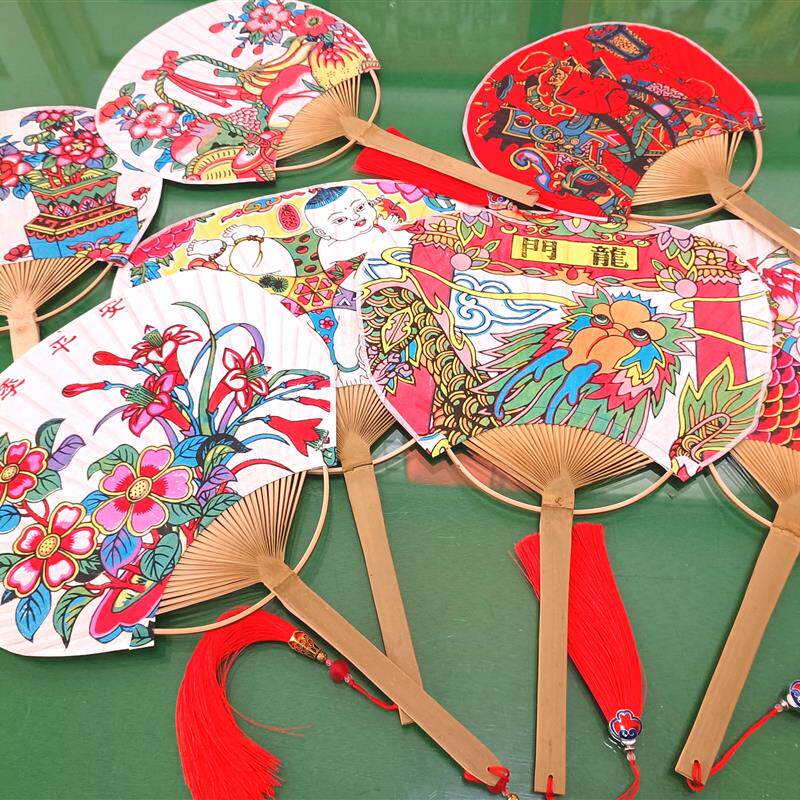 武强木版手工年画制作古风纸质竹编团扇民俗扇子夏季非遗收藏品