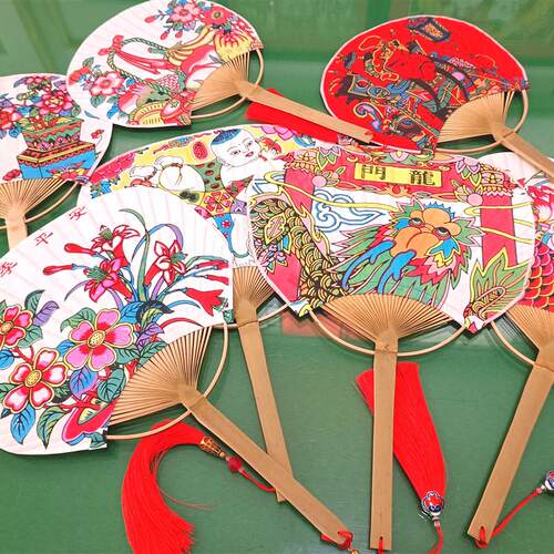 武强木版手工年画制作古风纸质竹编团扇民俗扇子夏季非遗收藏品