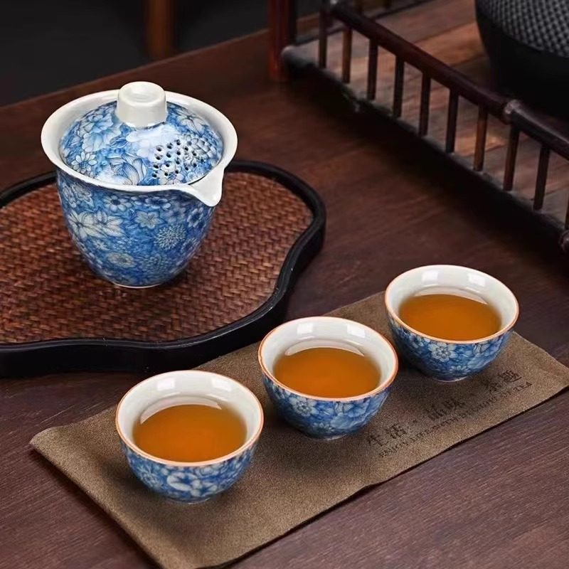 青花陶瓷快客杯功夫茶具可携式旅行茶具包泡茶茶壶一壶三杯喝茶装