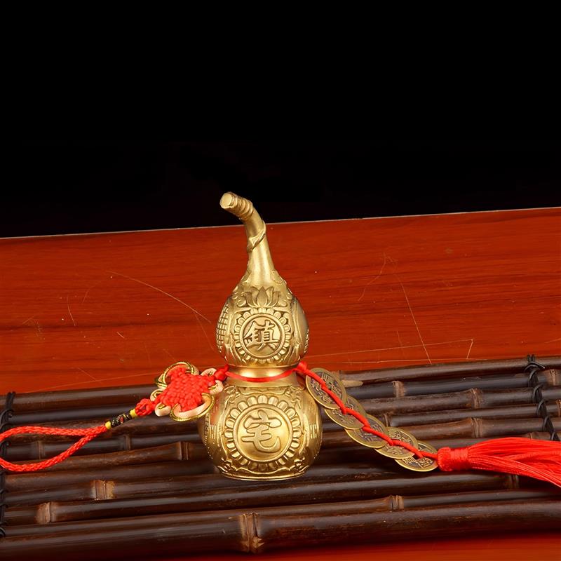 镇宅闭口铜葫芦 不开口 一体空心八卦底光面葫芦纯黄铜五帝钱摆件