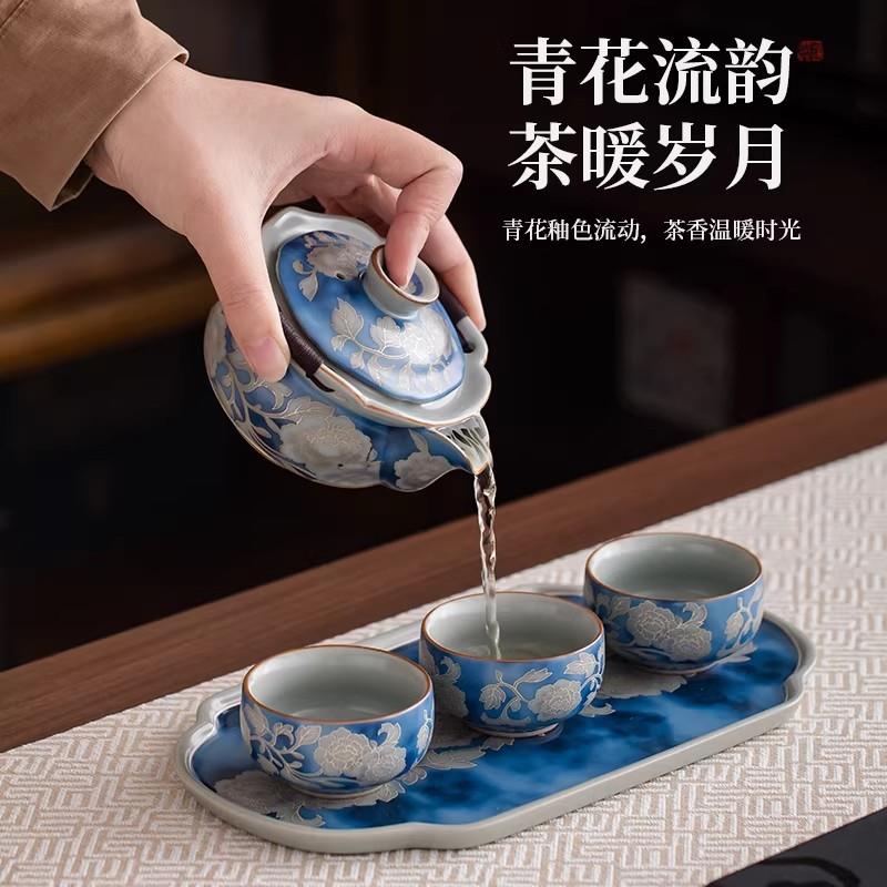新款青花瓷牡丹手抓壶功夫茶具套装家用高档泡茶壶盖碗陶瓷礼盒装