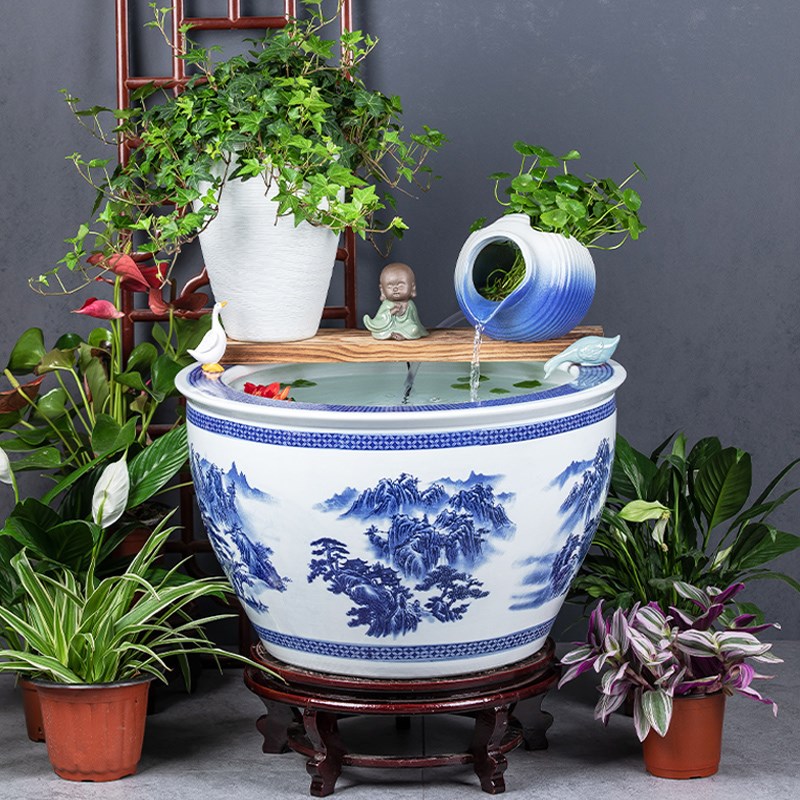 庭院大缸景德镇青花瓷水缸金鱼缸荷花缸陶罐循环流水造景水缸摆件