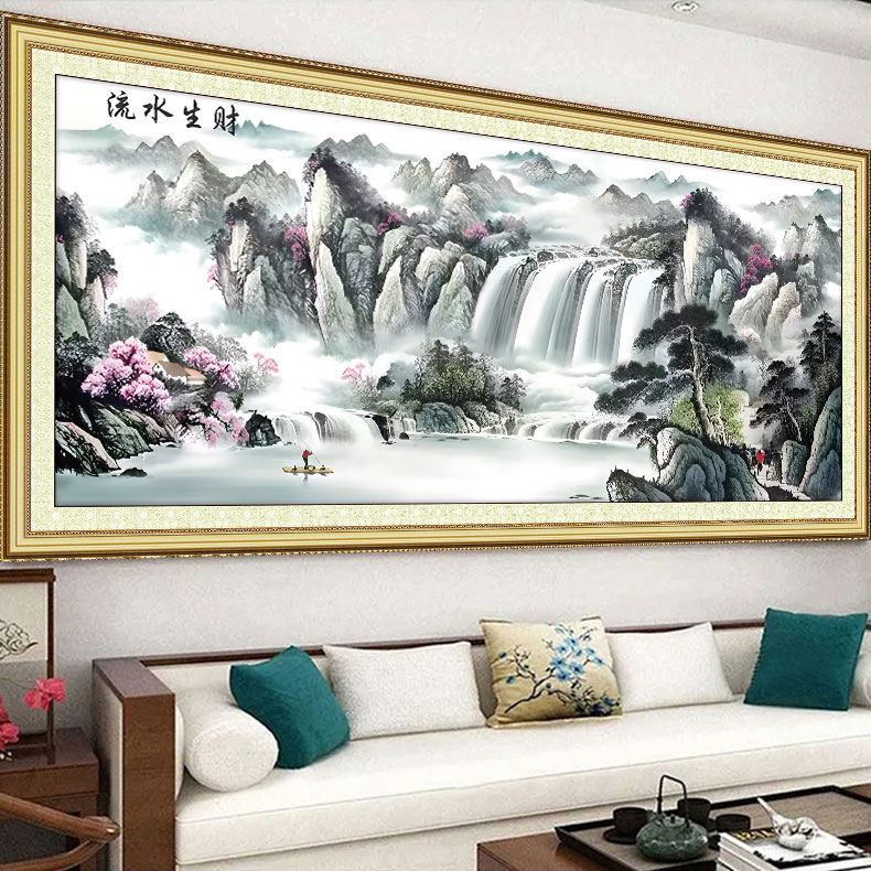流水生财十字绣2025新款线绣客厅大幅满绣自己绣手工山水画风景图