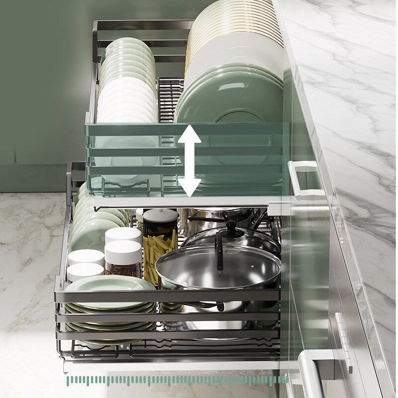 热销沙恩纳米黑304不锈钢拉篮厨房橱柜拉篮抽屉篮阻尼置物架双层