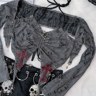 两件套装 长袖 Y2K辣妹欧美朋克哥特破洞十字架亚比背心开衫 野涩猫