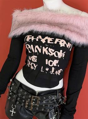 野涩猫欧美亚文化Y2K千禧辣妹T恤粉色毛边字母一字肩性感长袖上衣