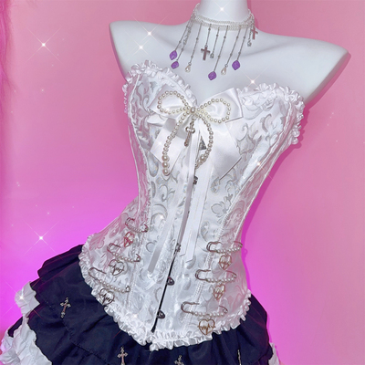 亚文化珍珠蝴蝶结暗花抹胸