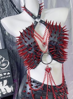 Y2K辣妹欧美性感朋克哥特亚文化红色铆钉爱心链条PU皮女吊带背心