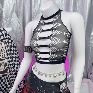 内搭背心 亚比文化朋克摇滚短款 野涩猫 欧美网面打底破洞性感时尚