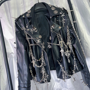 野涩猫*Y2K辣妹亚比文化朋克铆钉骷髅别针机车夹克男女PU皮衣外套